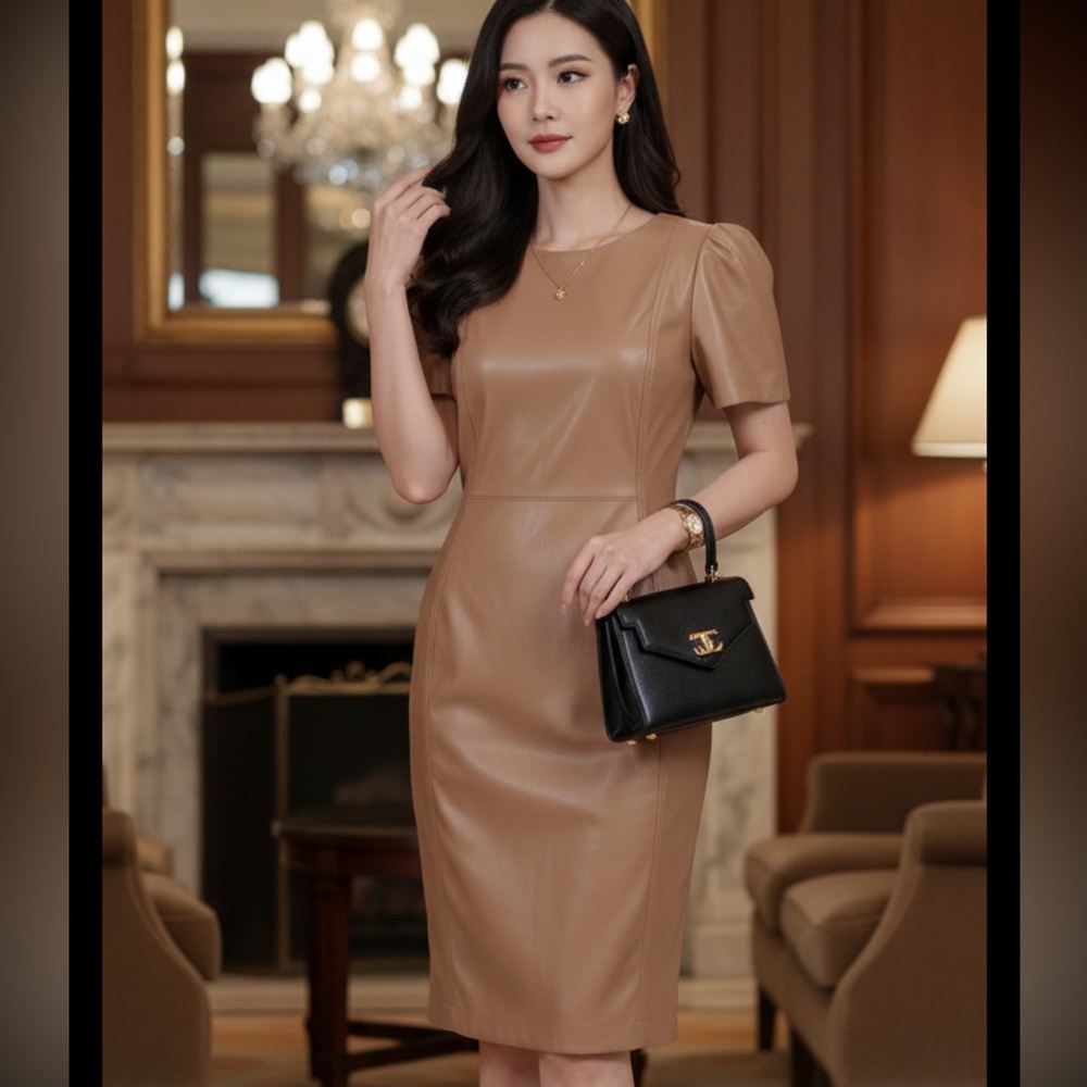 CALVIN KLEIN Faux Leather Sheath Dress Nude Blush Sz 10 Office Siren Corpcore